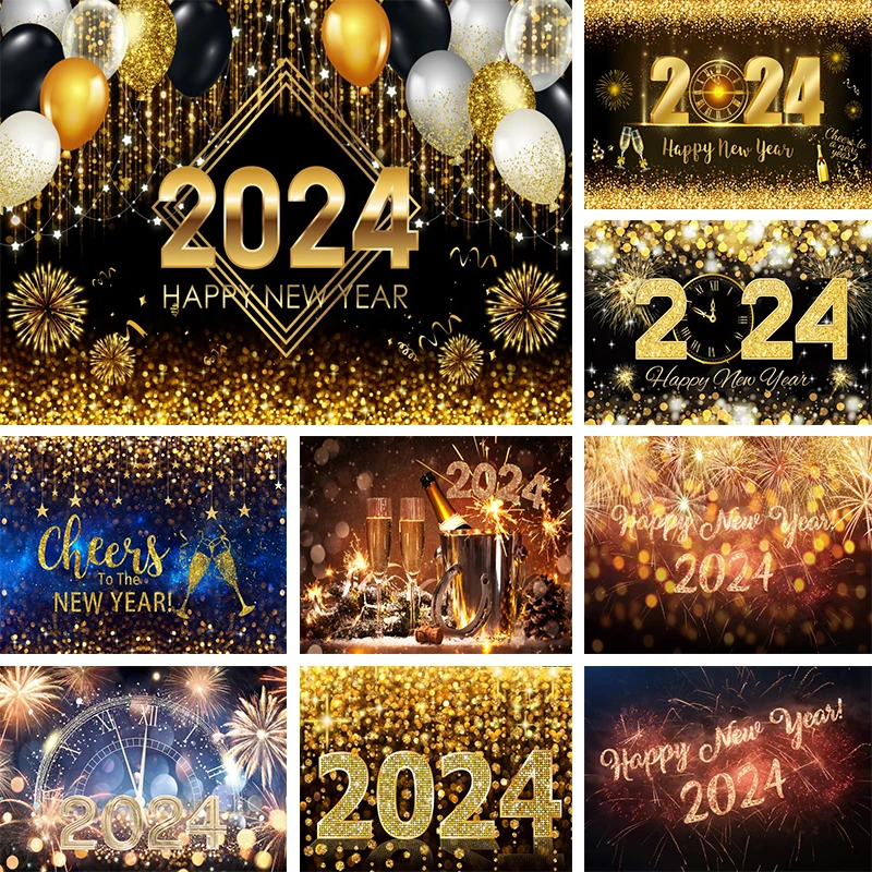 

Happy New Year 2024 Backdrop Night Fireworks Cheers Champagne Adults Home Party Photo Background Black Gold Glitter Banner Decor