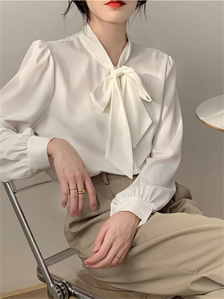 

2022 Spring Summer Bow Tie White Chiffon Blouse Solid Color Long Sleeve Pullover Shirt for Female Elegant Office Lady Clothing