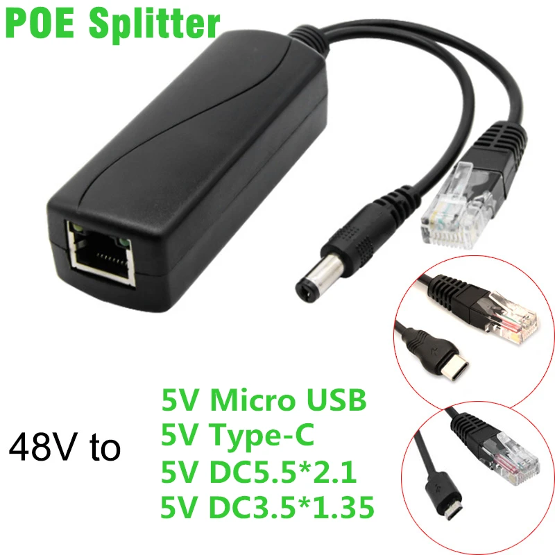 

PoE Splitter 48V To 5V Micro USB/Type-C/DC IEEE 802.3af 100Mbps/1000Mbps Power over Ethernet for IP Camera/Wireless AP