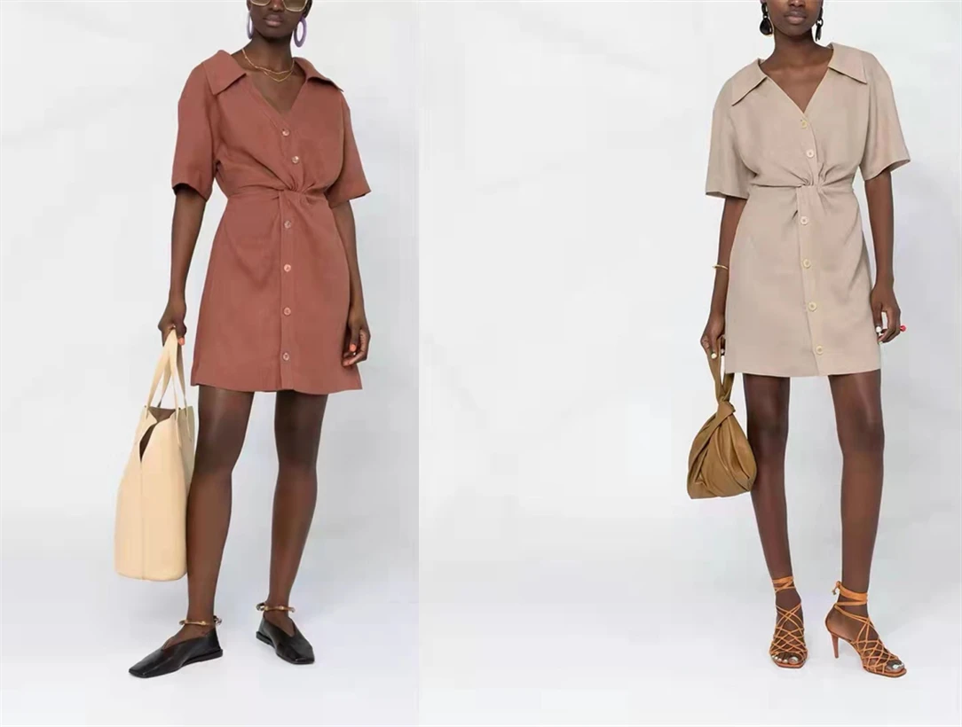 

N@nushka Linen Dress женское льняное платье осень/зима 2023 Новинка V-образный вырез Короткие рукава Высокая талия Kink Экологически чистая одежда