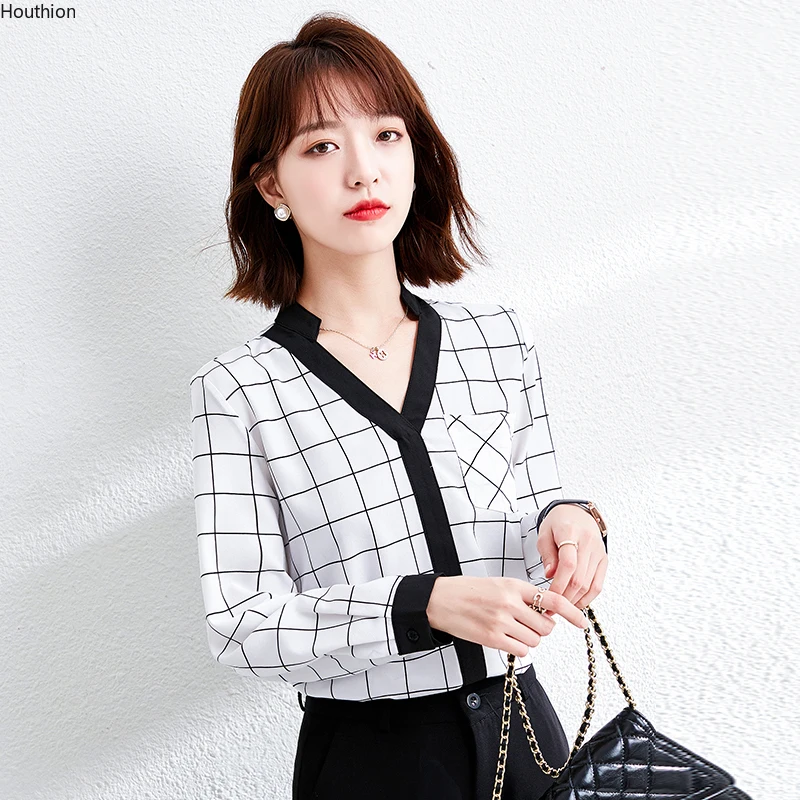 

Шифоновые свободные женские рубашки, новые модные блузки с карманами, Полосатый V-образный вырез, повседневный Топ с длинным рукавом, женска...