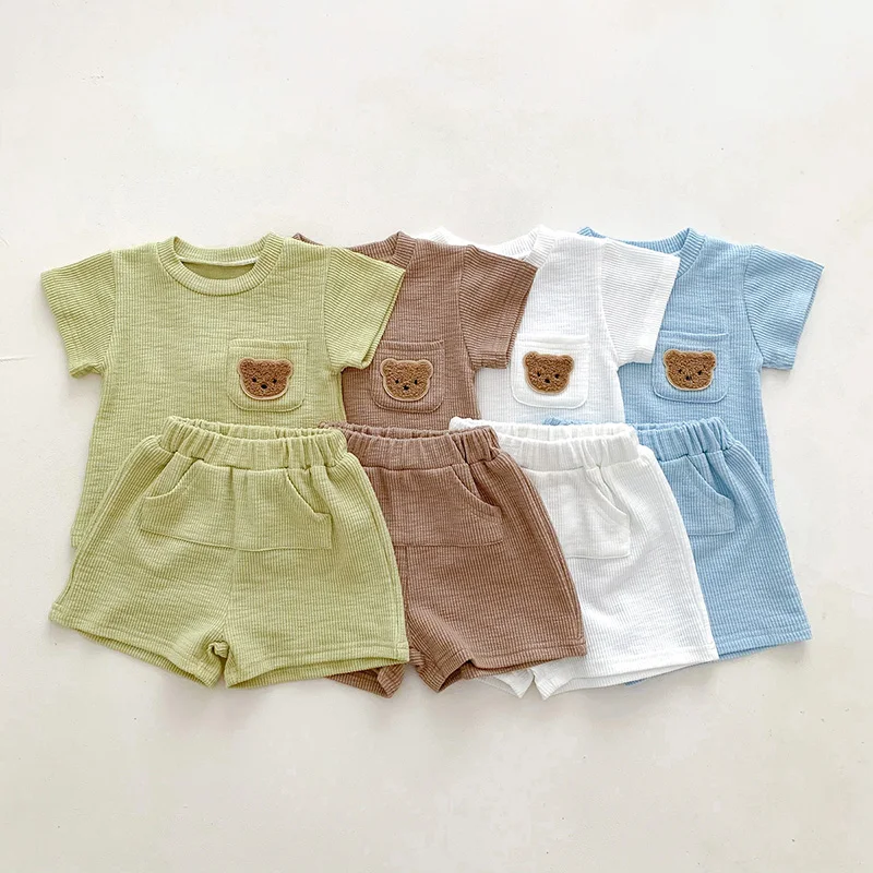 2023 Summer Baby Clothing Set Solid Tee and Shorts 2 Pcs Boys Clothes Suit Infant Outfit Bear Short Sleeve Shorts Suit Clothes