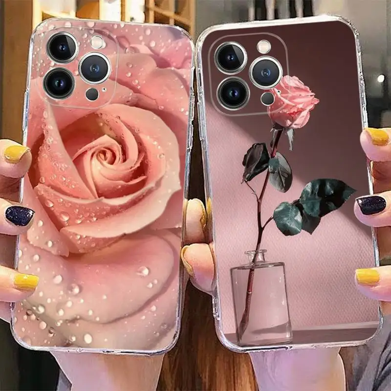

Elegant Pink Flower Rose Phone Case For iPhone 14 13 12 11 Pro Max XS X XR SE 2020 6 7 8 Plus Mini Transparent Shell