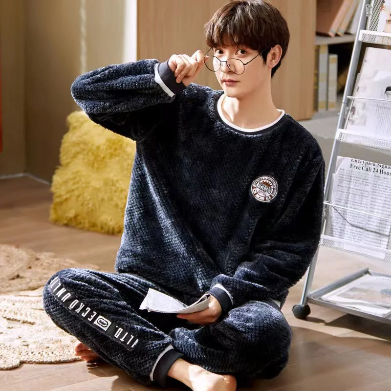 Men's Pajama Sets Winter Thicken Warm Flannel Sleepwear Long Sleeve Trousers 2Pcs/Set Lounge Homewear Pyjamas Suit