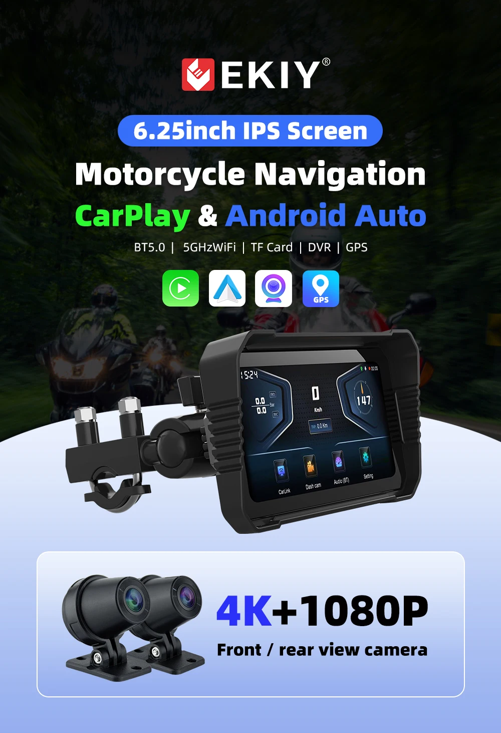 Аксессуары для двигателей EKIY 6 25-дюймовый беспроводной Carplay и Android авто мотоциклы