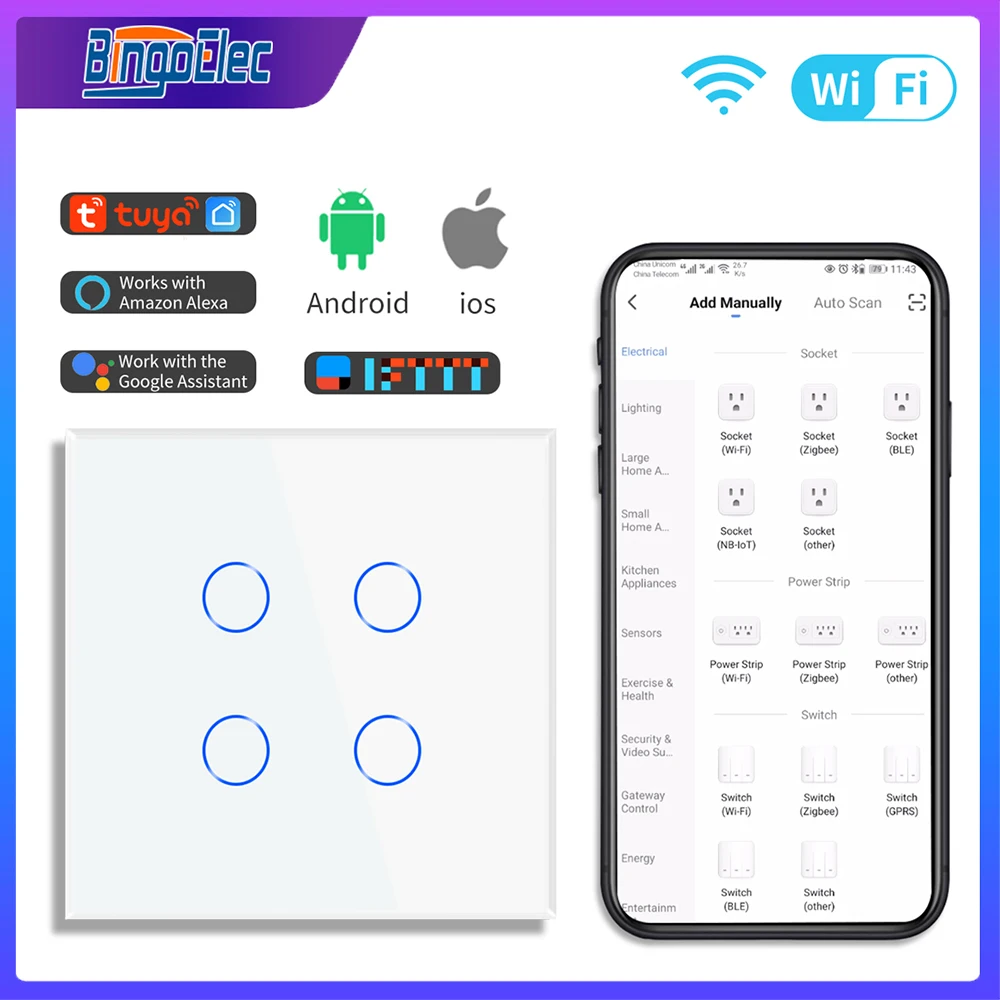 Умный настенный выключатель Bingoelec Tuya, Wi-Fi, сенсорный выключатель 1, 2, 3, 4 клавиши, голосовое управление, Alexa, Google Home, нейтральный провод