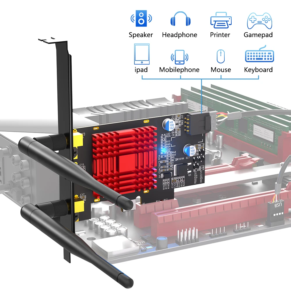 Адаптерная карта PCIe X1 для M.2 с поддержкой Wi-Fi и Bluetooth, с радиатором охлаждения, для M.2 NGFF A+E Key 3160 3165 7260 7265 AX200 AX210 (art.: 3920d9cd8548d) - 3920d9cd8548d