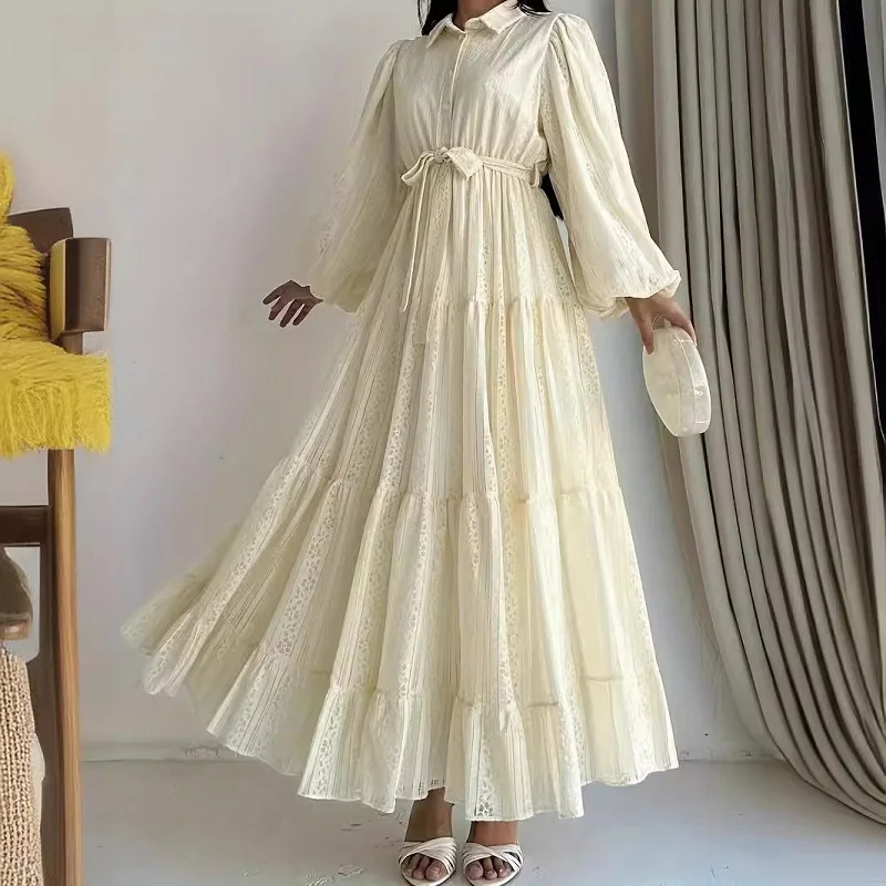 Женское повседневное платье макси с воротником лацканами и поясом новое