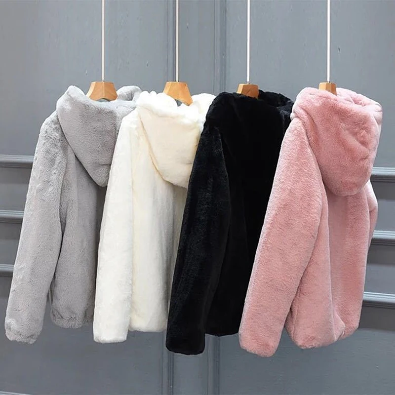 

Rabbit Imitation Fur Winter Grass Faux Fur Coat Ladies Artificial Hooded Soft Warm Overcoat 2023 Women Jacket Zip Top Streetwear