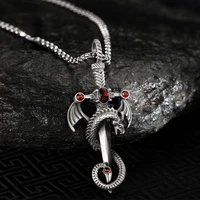 vintage silver color dragon sword cross pendant necklace for men womens goth punk long chain necklace hip hop jewelry