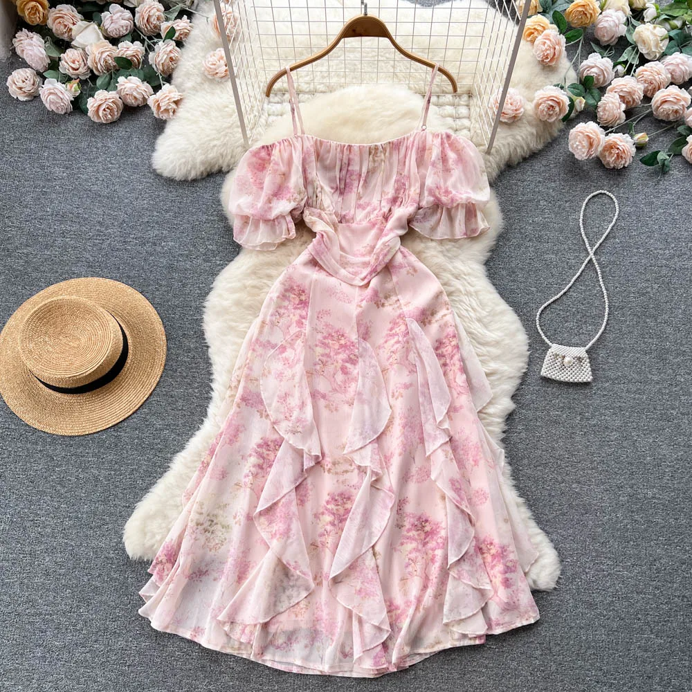 

Summer French New Sweet Floral Tea Break Strapless Halter Irregular Fairy Dress