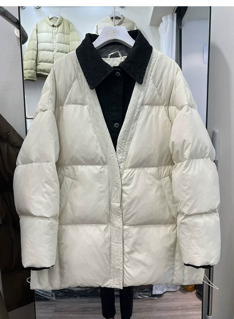 Fashion 2023 Winter Women's New Long Down Jacket, Fake Two-piece Casual Denim Splicing V-Neck Thick White Duck Down Coat