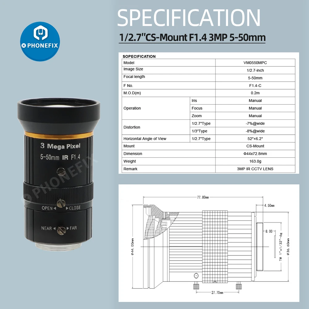 

3.0 МП объектив видеонаблюдения 5-50 мм варифокальный зум-объектив с ручным креплением Iris F1.4 CS для обучения в реальном времени, видеоконференции, записи фотографий