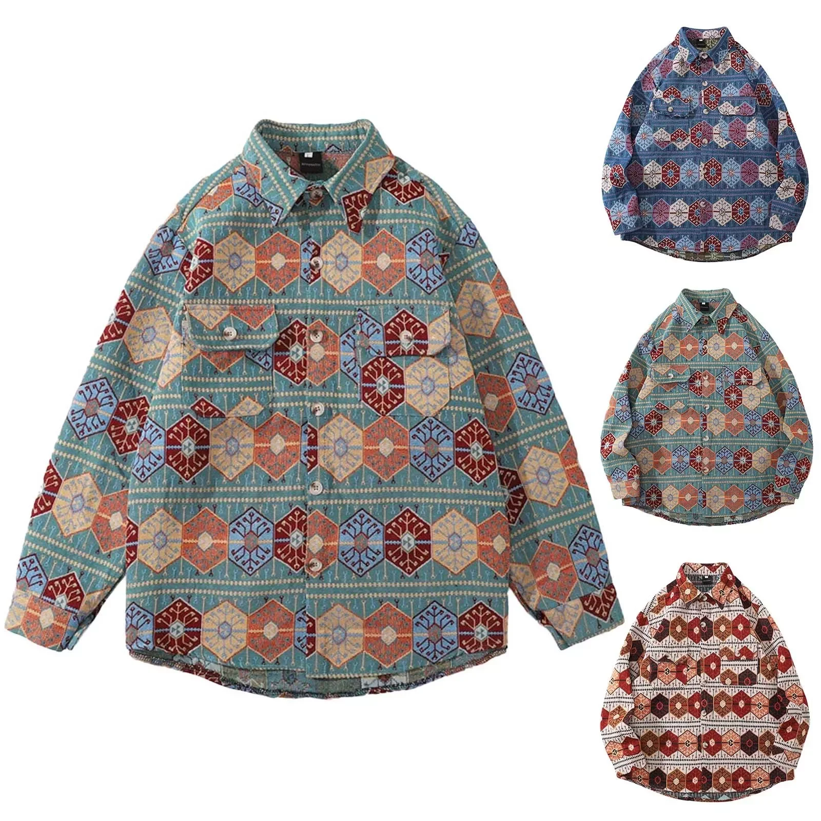 

NEW IN Mens Ancient Folk Style Printed Flower Thickened Shirt Loose Woolen Long Sleeve Coat Rain Jacket Breathable Men