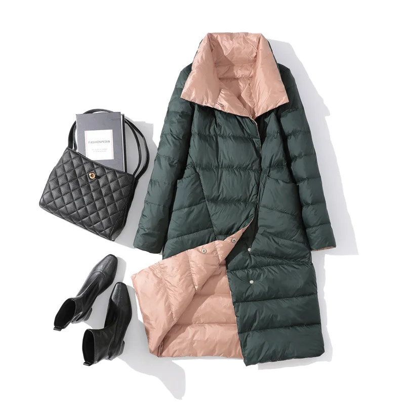 Women's Autumn and Winter Coat White Duck Down Retro Coat Jacket Double-breasted Solid Color Warm Slim Thick Women's Jacket Coat