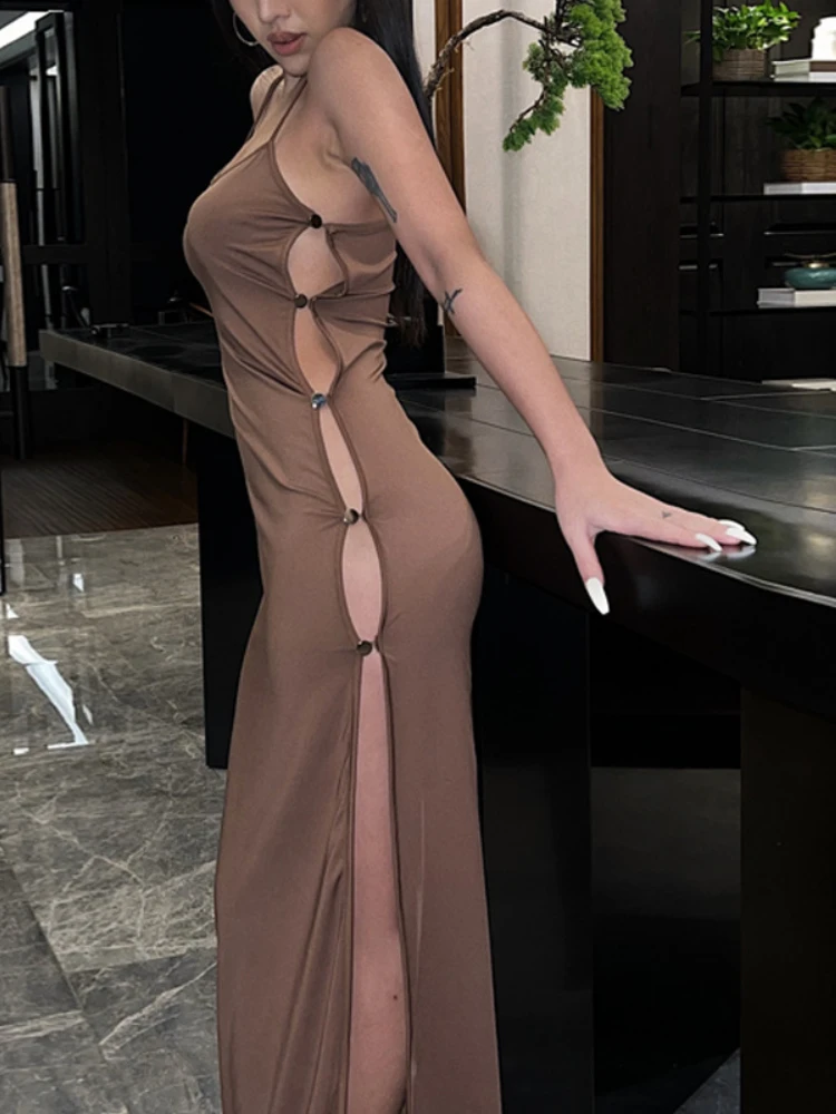 

Новинка весна-лето 2022 модная сексуальная женская одежда экзотический вырез с боковыми пуговицами комбинированное платье