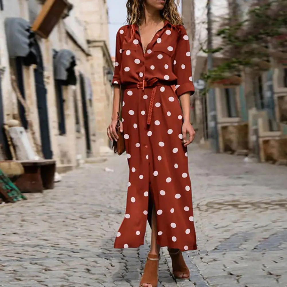 

Amazing Casual Dress Lapel Loose Long Dress Buttons Up Dot Print Casual Dress