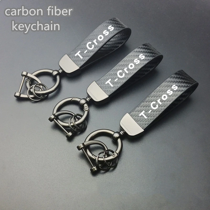 

Carbon fiber Car Key Pendant Split Rings Keychain Leather Keyring Auto Vehicle KeyChain for volkswagen vw T-CROSS TCROSS