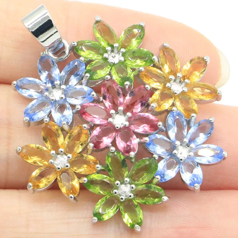 

39x33mm Colorful Rich Blue Violet Tanzanite Green Peridot Pink Tourmaline Golden Citrine CZ Daily Wear Silver Pendant