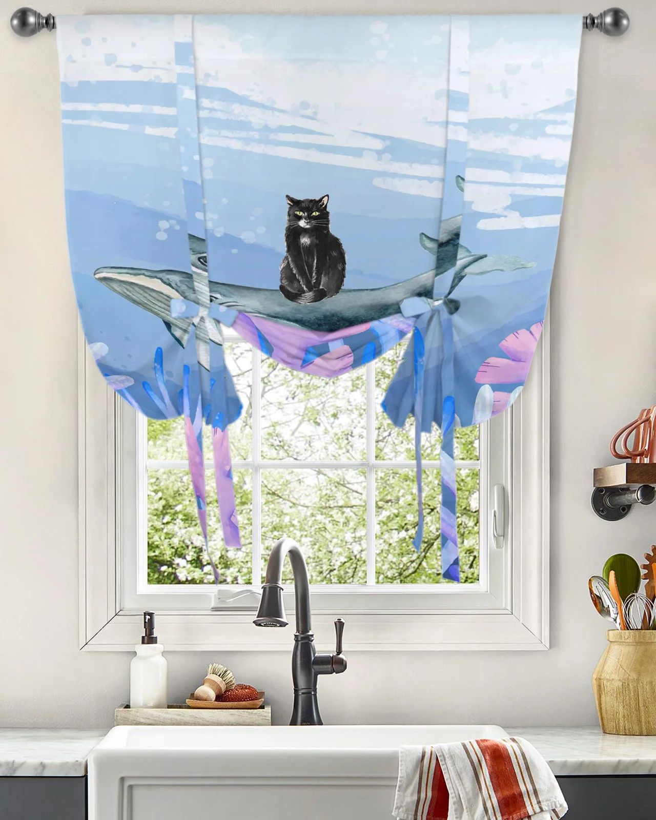 Короткая занавеска на окно с мультипликационным морским Китом для кухни