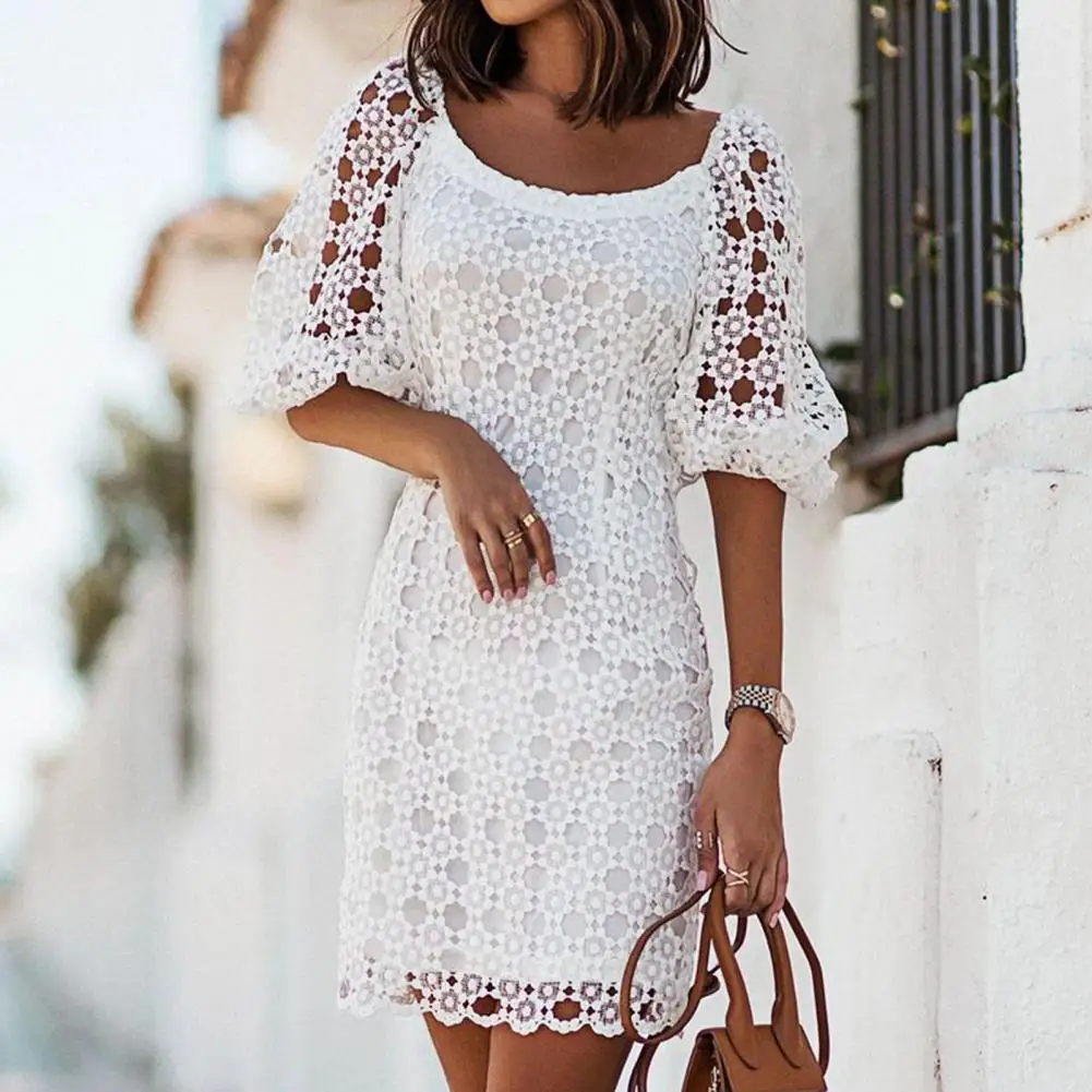 

Hollow Out Lace Patchwork Women Dress Summer Backless Short Sleeve Crochet Mini Dress Stylish Solid Color U Neck Women Dress
