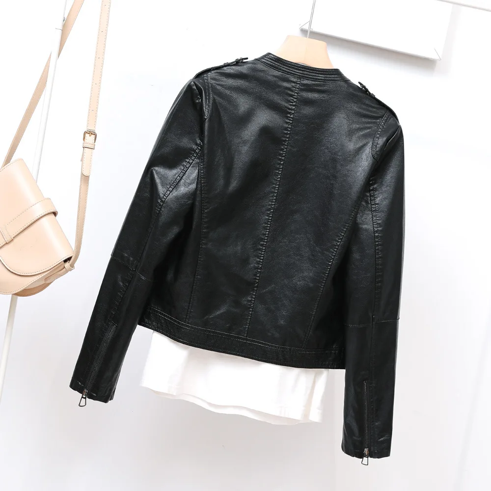 2023 spring clothes new stand-up collar PU women's motorcycle leather jacket epaulette zipper leather jacket Haining short coat