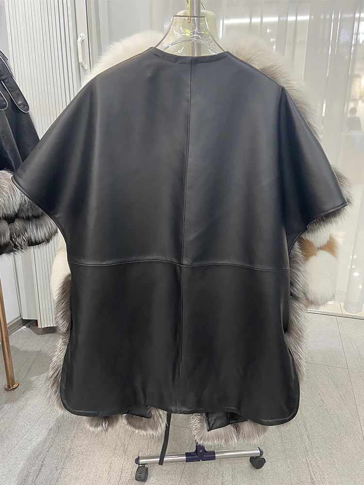 2022 High Quality Luxury Women Female Real Silver Fox Fur Outside Genuine Sheepskin Leather Oversize Loose Leisure Coat