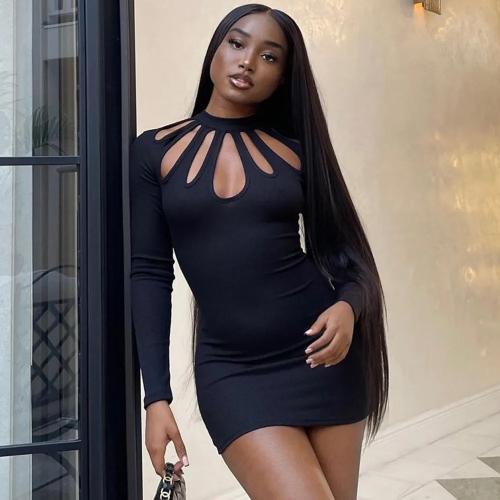 

Black Openworked Sexy Dress Round Neck Long Sleeves Frican Dresses For Women Short Skirt casual Streetwear Style Female Clothing