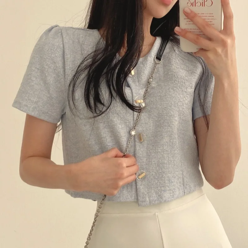 South korea Chic Summer Age-Reducing Retro Design Temperament Casual All-matching round Neck Graceful Short Outerwear