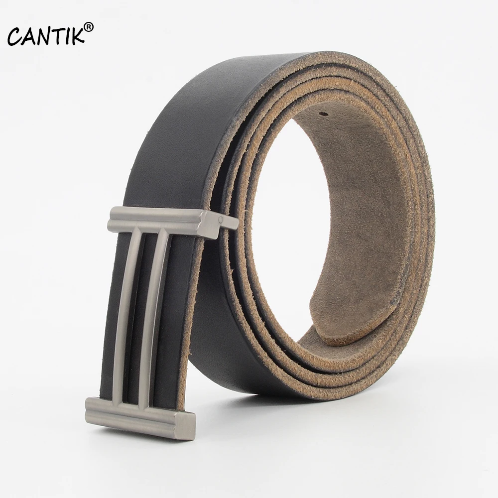 CANTIK Men's Top Quality Solid 100% Pure Cowhide Leather Letter Belts for Men Jean Accessories 3.3cm Wide