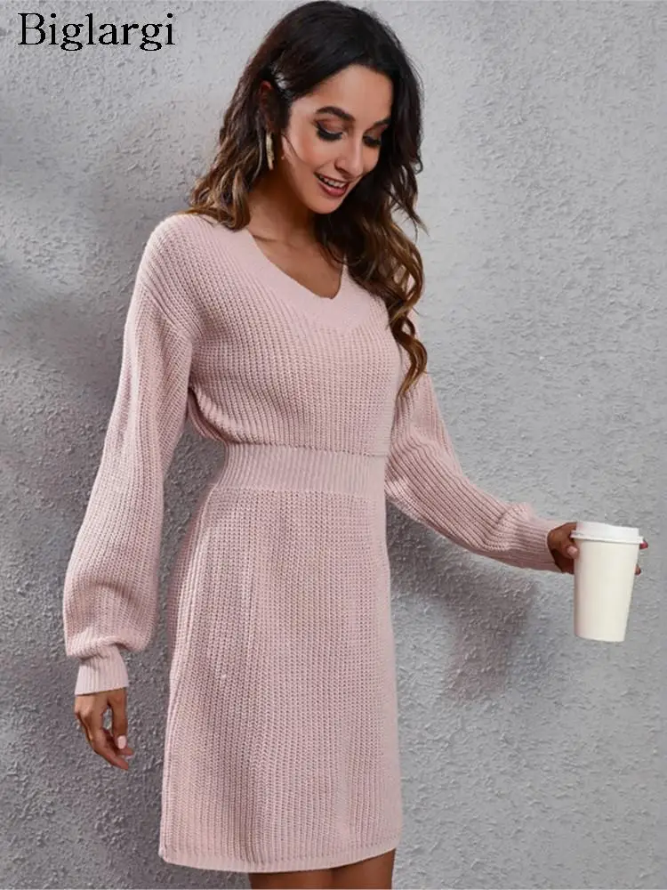 

Осеннее трикотажное платье-миди, женское розовое платье с длинным рукавом и V-образным вырезом, свободные женские платья-свитера, модное повседневное женское платье, 2023