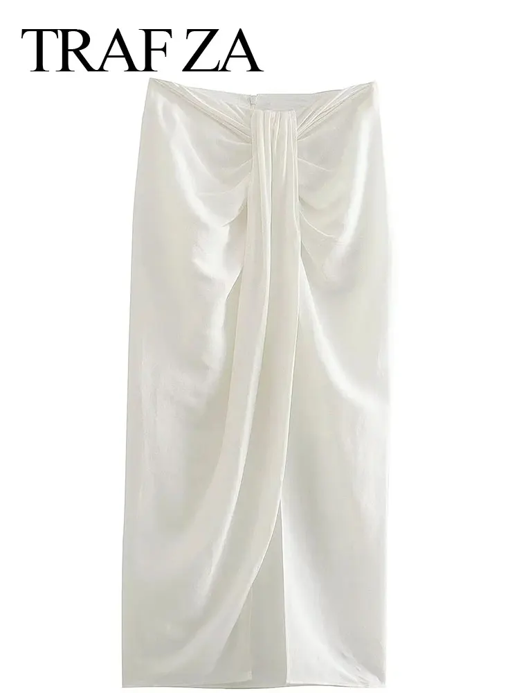 

TRAF ZA Solid Color Elegant Waist Pleated Slim Fit Lady Long Skirt Pure White Versatile Fashion Party Hem Slit Women's Skirt