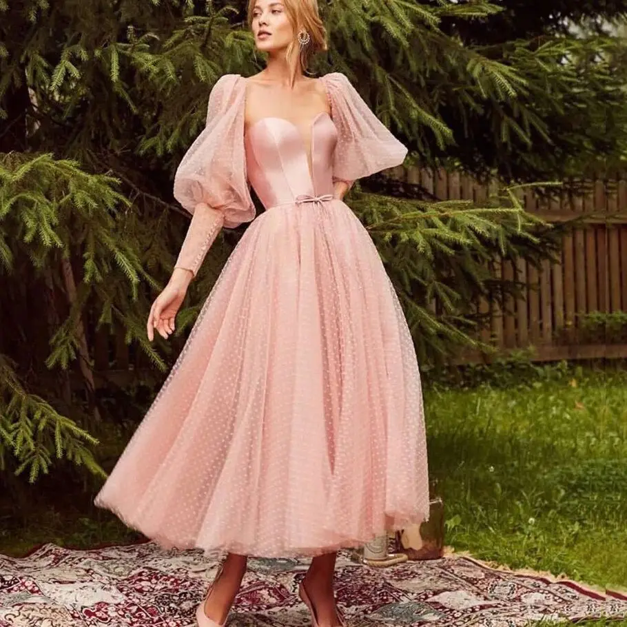 

Sweetheart Pink Puff Sleeves Polka Dotted Tulle Prom Dresses A Line Lace Up Backless Ankle Length Evening Party Gowns