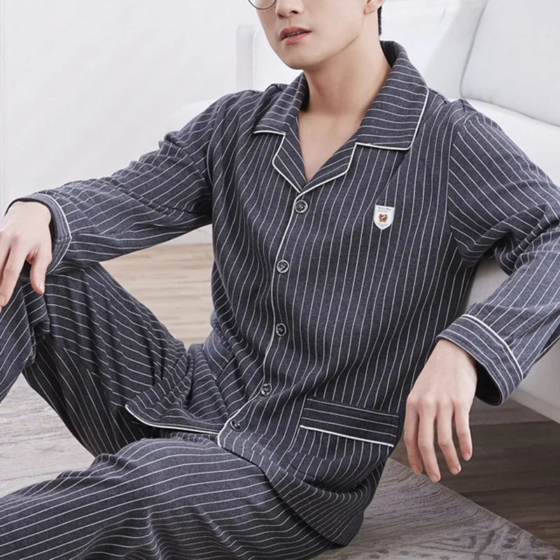 Men's Pajama Sets spring summer Man Pajamas Set Simple Sleepwear long Sleeve Cotton Pajamas For Men Top Pant Leisure Outwear