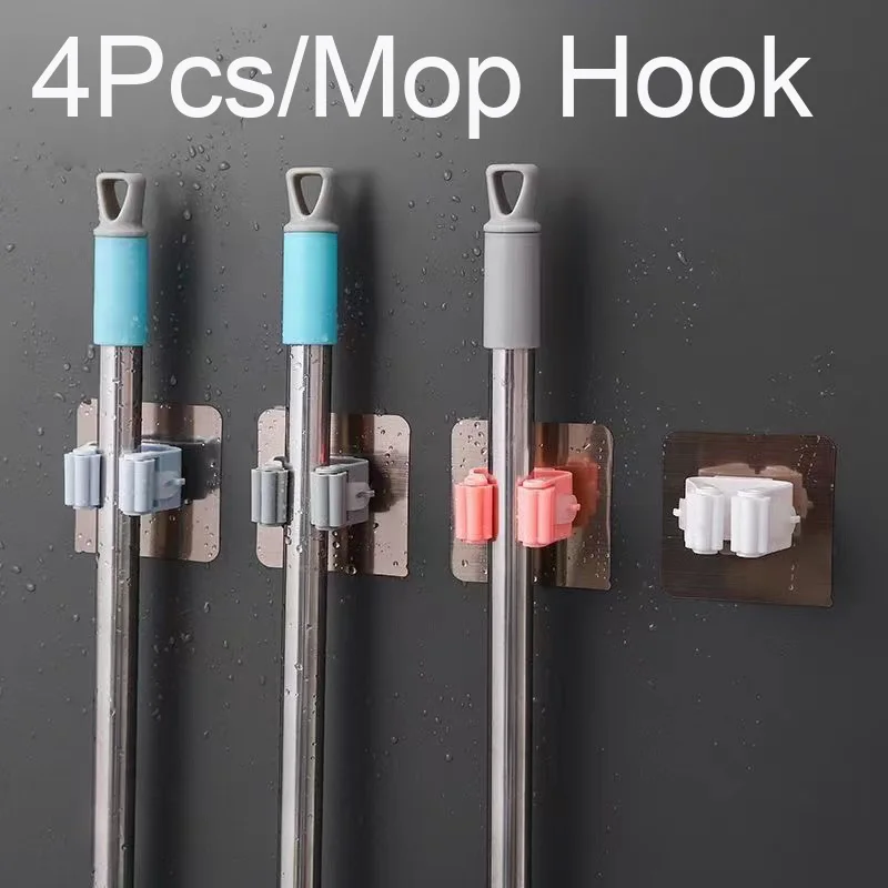 

4Pcs Wall Mounted Multifunctional Mop Hook Broom Hanger Hook Bathroom Waterproof Adhesive Strong Wall Hook Storage Accessories