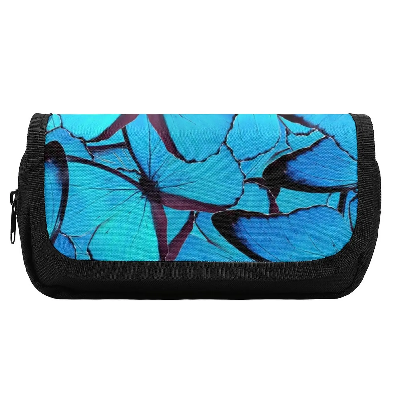 Blue Butterfly Wings Pencil Case Cute Animal Print Retro Hook and Loop Double Pockets Pencil Box Elementary School Pen Bags