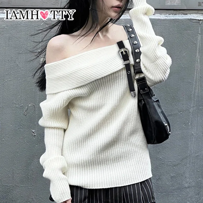 

IAMHOTTY Korean Style Belt Buckle Up Knitted Top Women Chic Elegant Slim-fit Jumpers White Gentle Mature Knitwear Autumn T-shirt