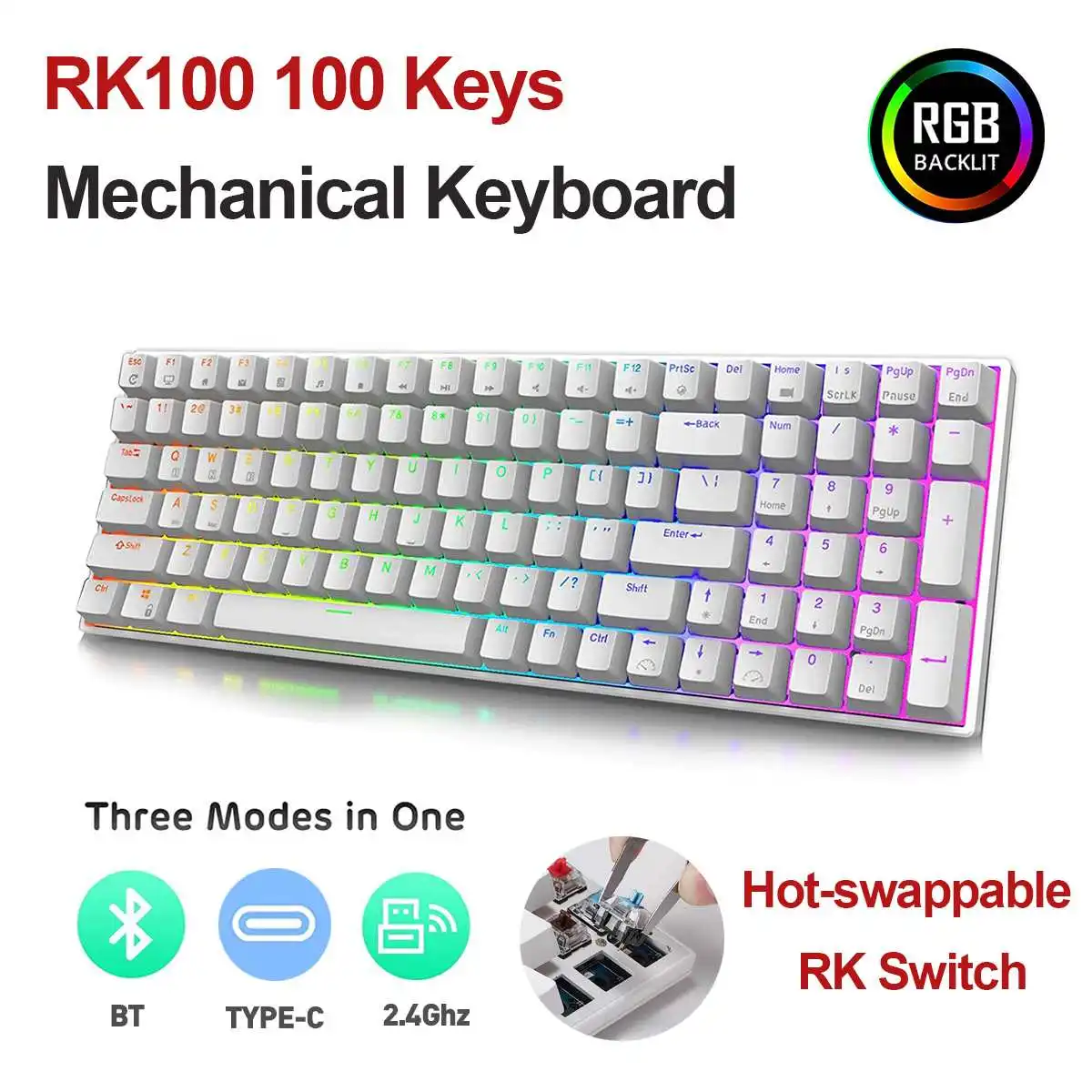 

Механическая игровая клавиатура RK100, проводная, 100 клавиш, с возможностью горячей замены, RK, беспроводной, BT5.0 + 2,4 ГГц, usb-c