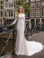 elegant mermaid satin wedding dress for women long sleeve backless boat neck court train bridal gown vestido de novias 2022