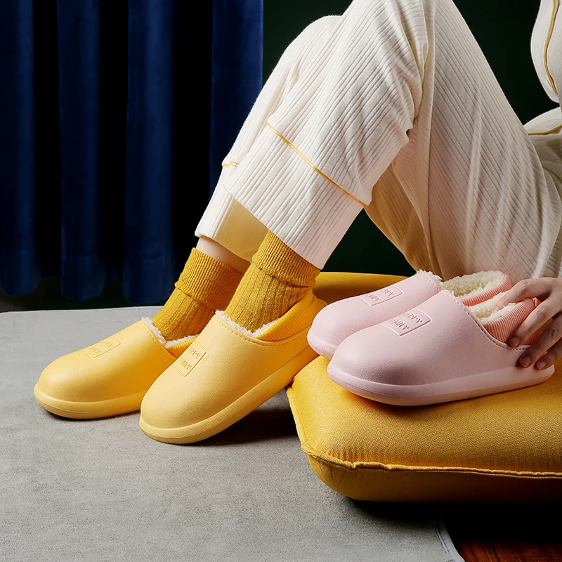 Women Home Plush Slippers Winter Indoor Outdoor Waterproof Leather Cotton Shoes Fashion Unisex Men Flat Slippers