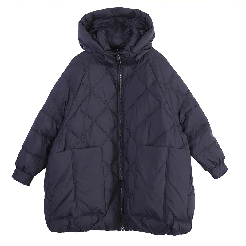 Women's winter down jackets Oversized Brown Pockets Hooded puffer jacket Casual Blue Long sleeve coat Ladies 2023 INKEO 2O338