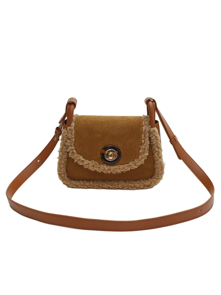 Женская матовая замшевая плюшевая сумка через плечо шикарная с замком и пряжкой