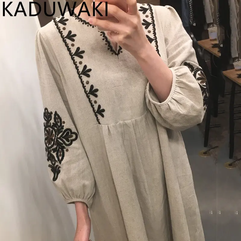 Khaki Embroidered Plus Size Dress Women Oversize Lace Up Dress Female Loose V Neck Dress Ladies Cotton Linen Beach Maxi Dress