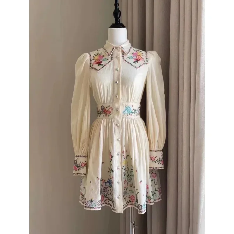 

2023 High Quality New Arrivals Floral Embroidery Turn-down Collar A-line Long Sleeve White Mini Shirt Dress