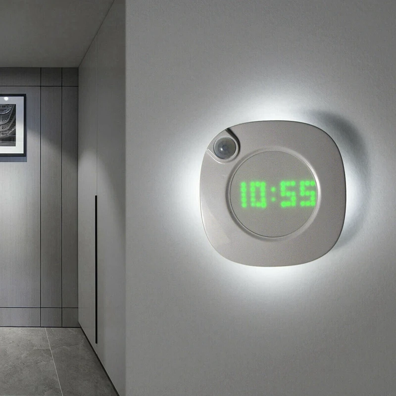 

Светодиодные цифровые настенные часы с пассивным ИК датчиком движения, Ночной светильник, домашние часы, лампа