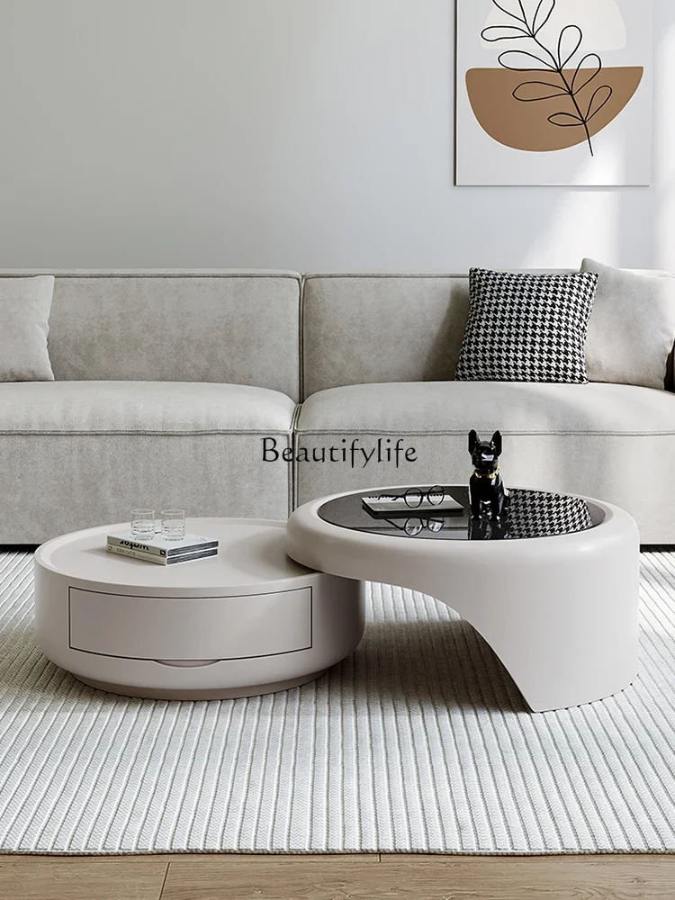 Круглый журнальный столик современный простой из закаленного стекла кремовый