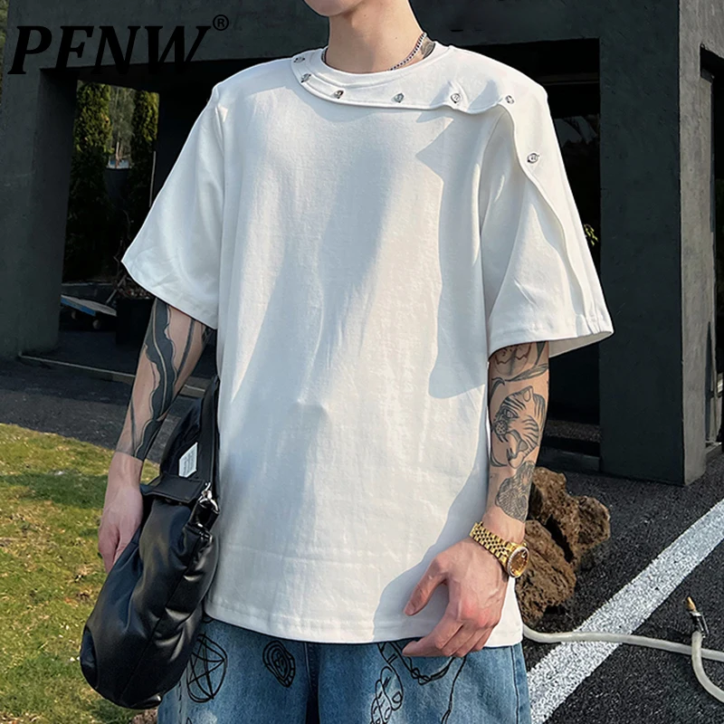 

PFNW Spring Summer Men's Metal Button Niche Design T-shirt Handsome Solid Color Tops Trendy Darkwear Outdoor Baggy Tees 12A9338