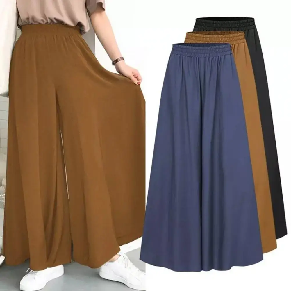 

Pure Colors Attractive Fashion Wide Leg Women Slacks Breathable Casual Pants Loose Fit for Home