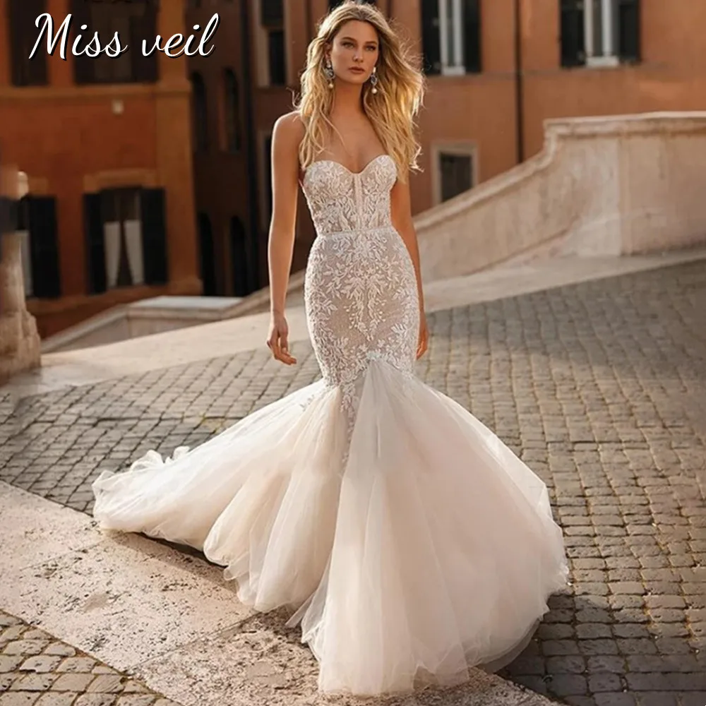 

Miss veil Sweetheart Wedding Dress Backless Tulle Mermaid Beach Zipper Bridal Gown Lace Appliques Train Vestido de casamento