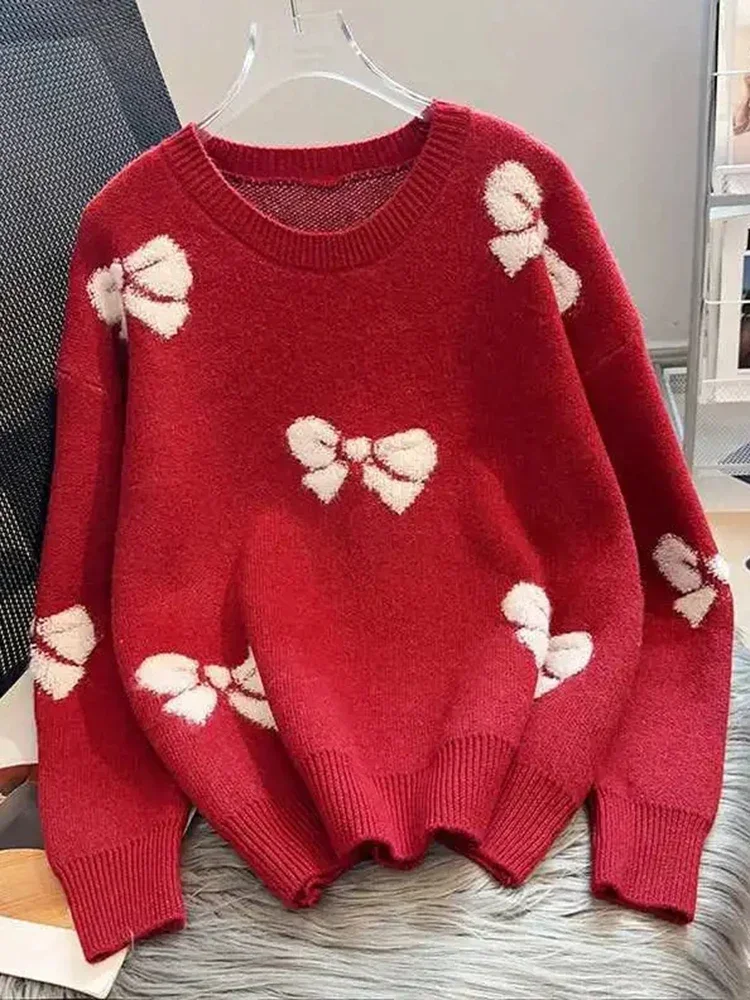 Jmprs Рождественские свитера с красным бантом Женские свободные милые вязаные